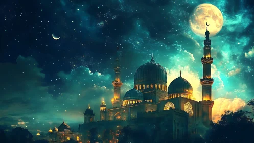 Moonlit mosque glowing softly beneath a dreamy starlit sky.