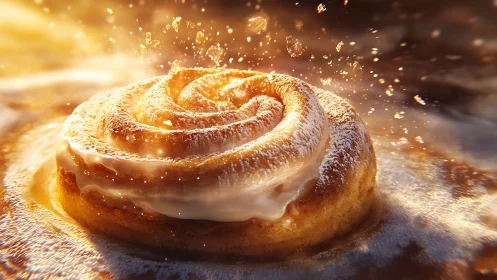 Cinnamon roll with icing in warm golden lighting.