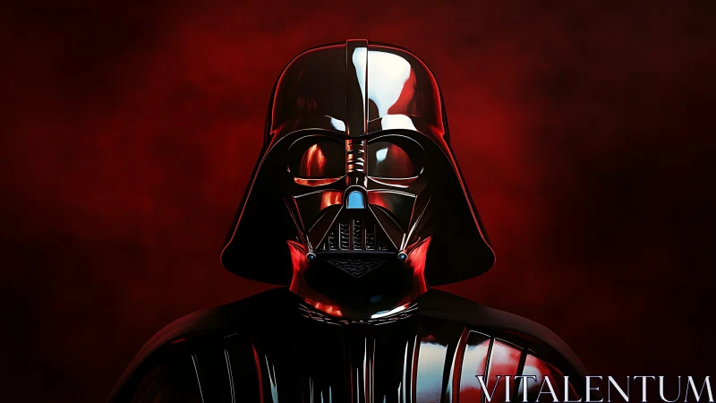 Helmeted figure is centered against uniform red gradient backdrop