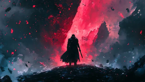 Lone cloaked warrior before erupting red void portal.