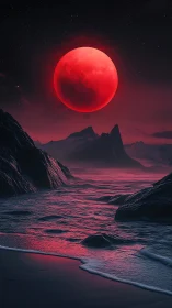 Crimson lunar horizon over obsidian coastal seascape.
