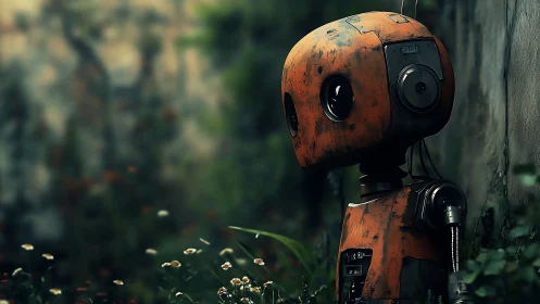 Weathered orange robot stands near wall amid soft foliage
