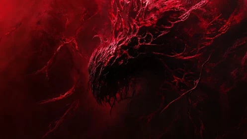 Digital painting of crimson eldritch entity in swirling void.