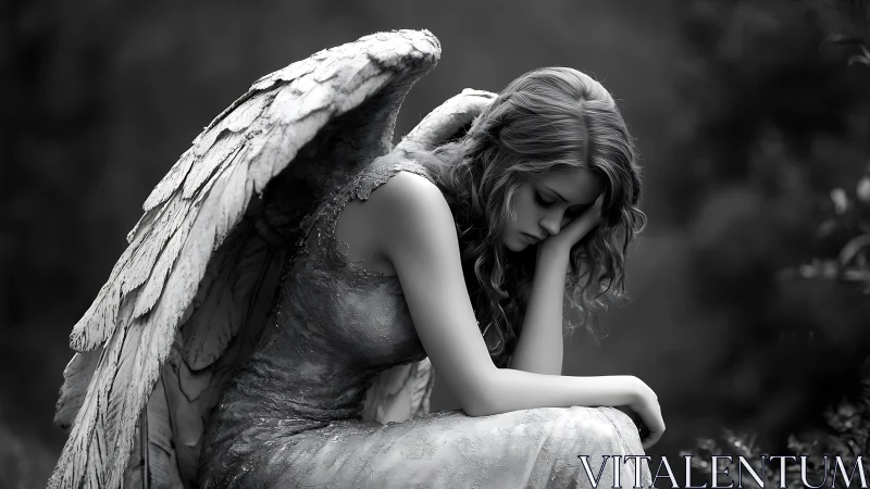 Melancholic angel sculpture in grayscale contemplative pose.