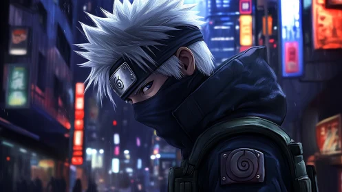 Mysterious silver haired ninja roaming a neon city night.