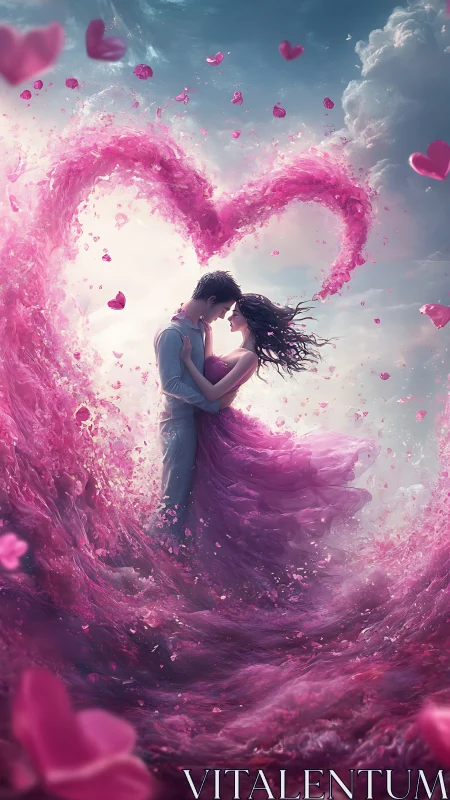 Ethereal Romance: Pink Heart Explosion with Embracing Couple.