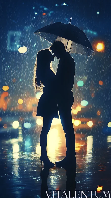 Silhouetted Couple Under Black Umbrella in Rain with Bokeh Lighting