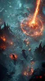 Infernal war circle ignites beneath a falling firestorm spell.