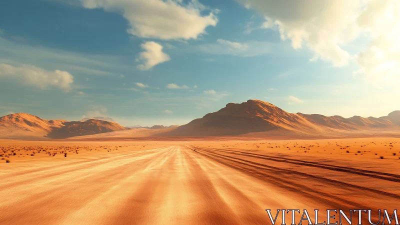 Endless desert roadway under warm sunset illumination.