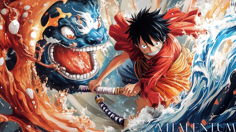 Whirlwind pirate duelist cleaves raging sea beast in color