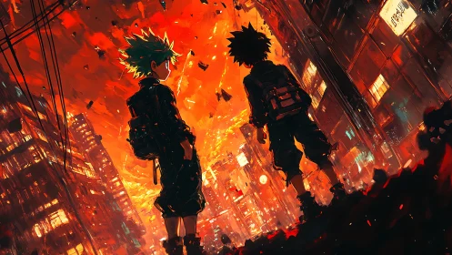 Backlit youths survey incendiary anime cityscape under debris-filled sky