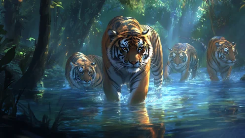 Radiant jungle tigers advancing through refracted waterlight.