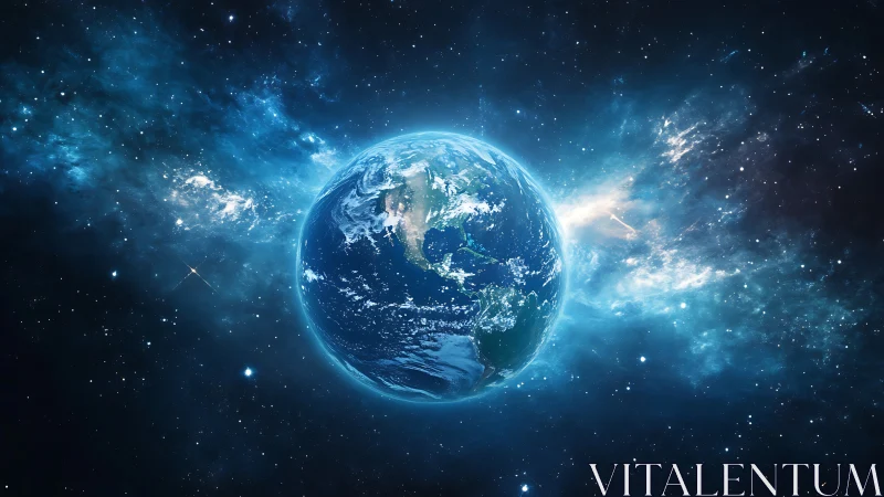 Our blue home glows gently in a star filled cosmos.