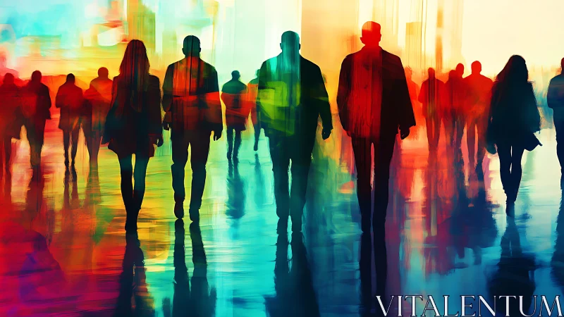 Silhouetted pedestrians traverse luminous abstract urban concourse