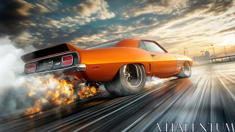 Sunset street sprint with a roaring orange muscle car.