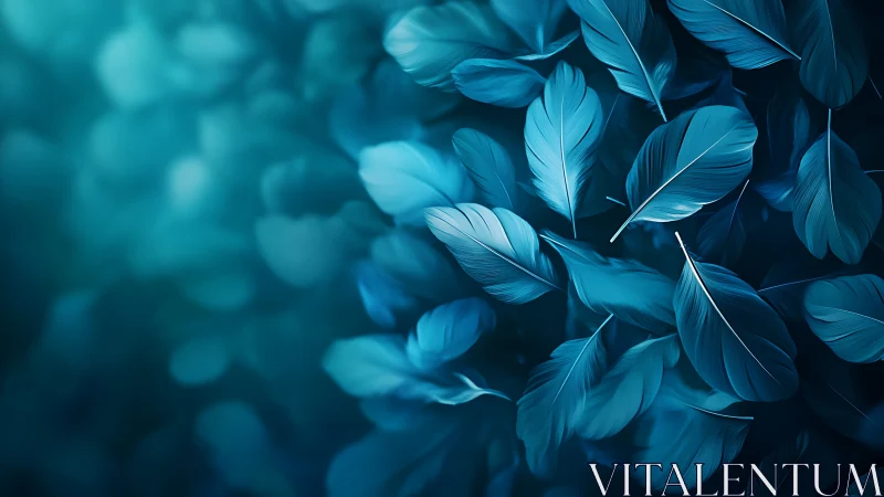 Floating teal feathers drift softly in a tranquil glow