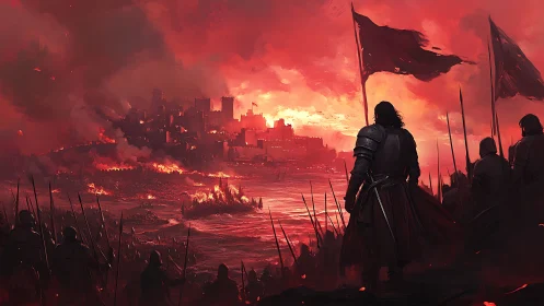 Crimson sky crowns a lone warlord before the burning city