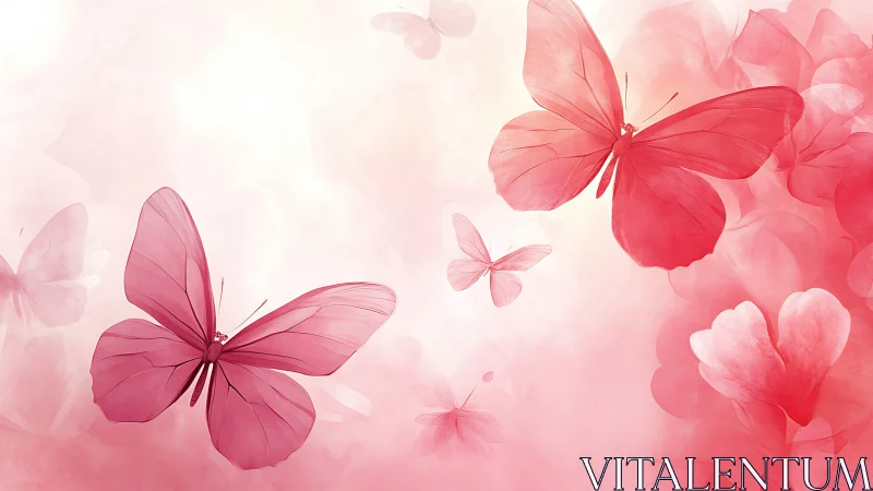 Pink butterflies drift through soft pastel floral haze
