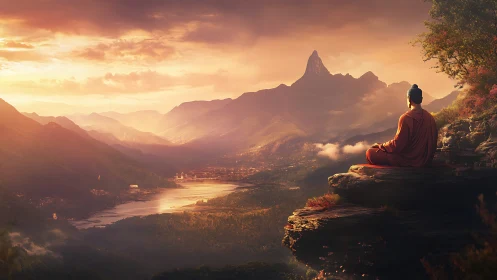 Monk overlooks glowing valley under dramatic sunrise sky.