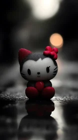 Hello Kitty figurine with red details in wet urban setting