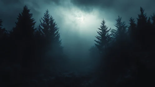 Moonlit conifer forest under heavy fog at night.