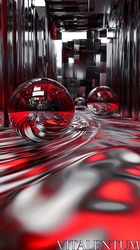 Gleaming chrome spheres drifting through a red liquid dream.