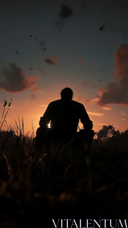 Silhouetted wanderer watches a burning ember sunset sky.