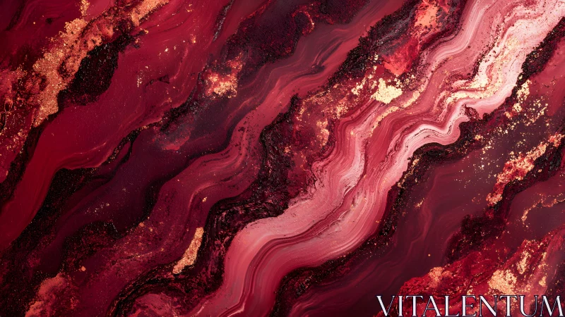 Abstract red and gold marble texture with flowing paint effect.