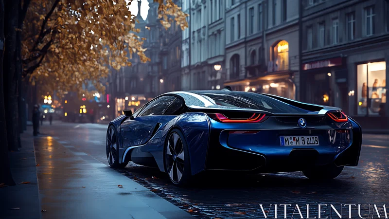 Futuristic blue sports car glides through a rainy city street