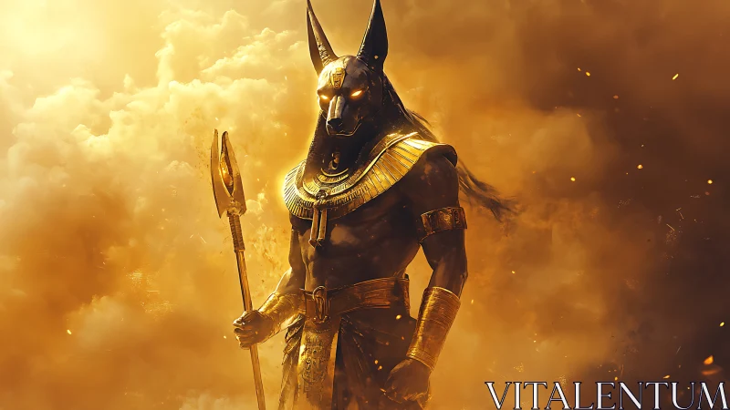 Egyptian jackal-headed war deity in radiant golden storm.