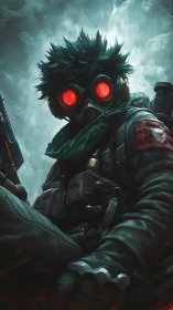 Lone wasteland scout rests under stormy, glowing skies