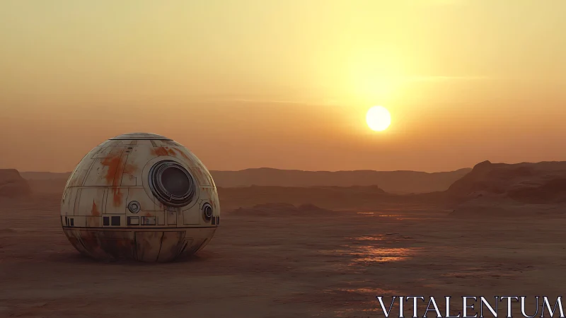 Spherical desert droid rests under a diffuse orange sunset sky
