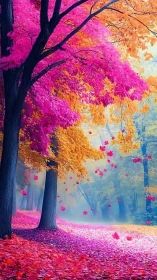 Color saturated forest path with bright autumn foliage.