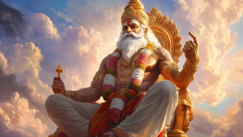 Powerful seated deity on golden throne in radiant sky.