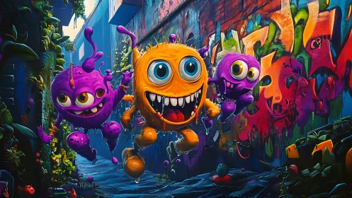 Colorful cartoon monsters in graffiti covered urban alley.