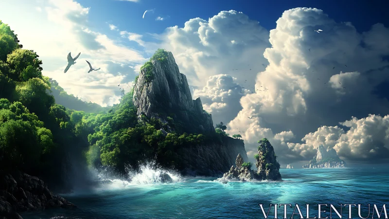 Steep rock formations rising from tropical ocean waters beneath expansive sky.