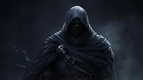 Shadowed hooded wanderer wrapped in swirling midnight cloth.