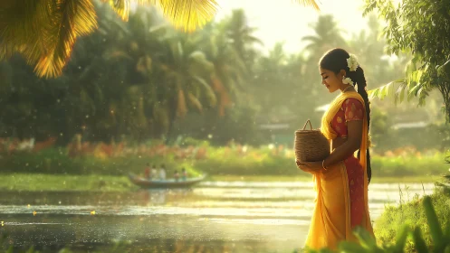 Woman in yellow saree by tropical riverside at sunset.