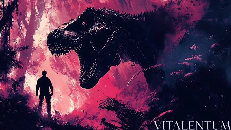 Silhouetted human observing large dinosaur in neon jungle.