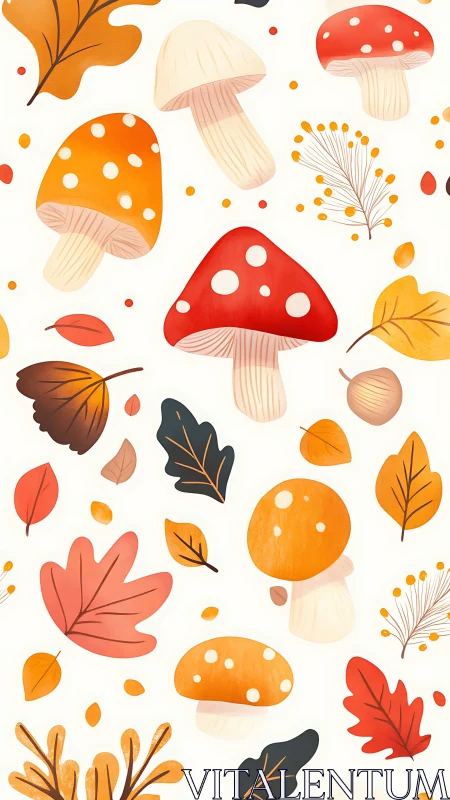 Autumn mushroom and leaf seamless pattern illustration.
