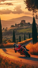 Sunlit country road ride with a red motorcycle at golden hour.