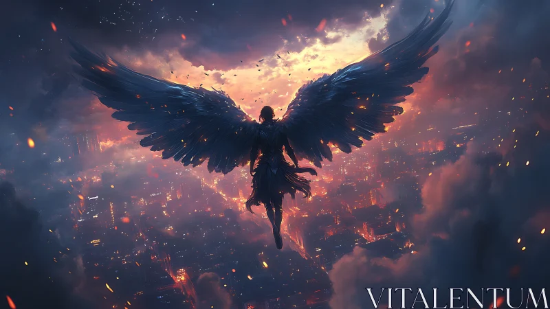 Backlit winged figure hovers above neon city in stormy dusk