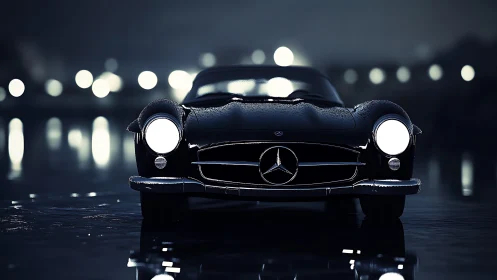 Midnight classic Mercedes glowing in gentle city rain.
