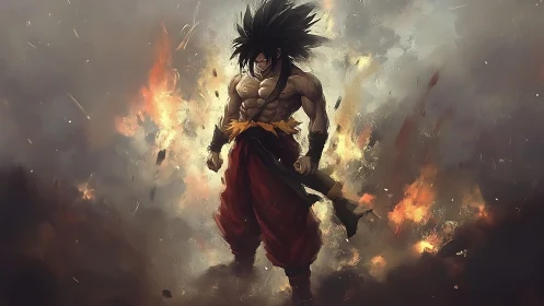 Muscular warrior stands amid dynamic firestorm with dramatic lighting