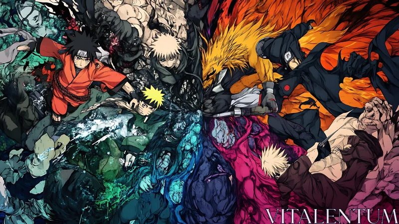 Dynamic elemental clash of anime fighters in four-part split