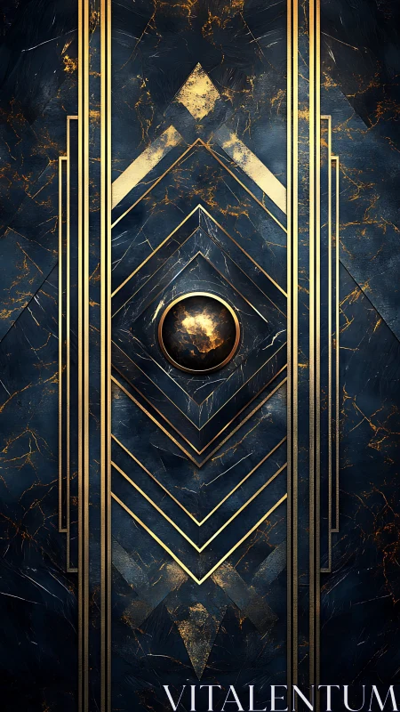 Art Deco geometric panel with gold lines and dark marble.