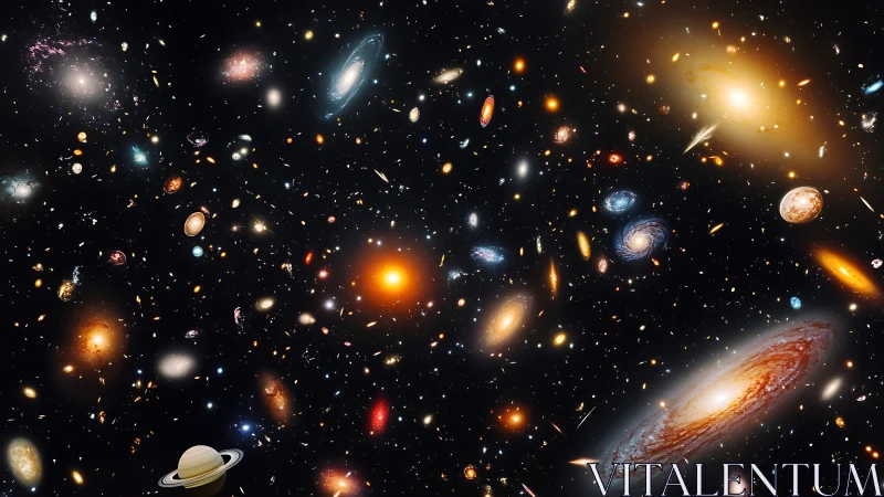Vast cosmic field of galaxies, stars, and distant planets.