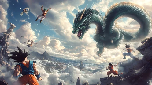 Sky-high heroes face a cosmic dragon in swirling clouds.