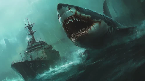 Giant shark attacks military ship in stormy dark ocean