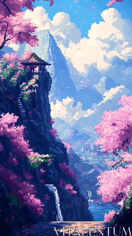 Pixel-art mountain shrine framed by cherry blossoms and waterfalls